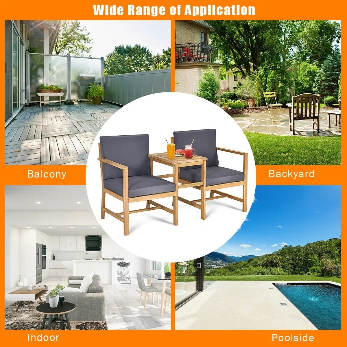 3 in 1 Acacia Wood Patio Furniture Set - Natural Teak