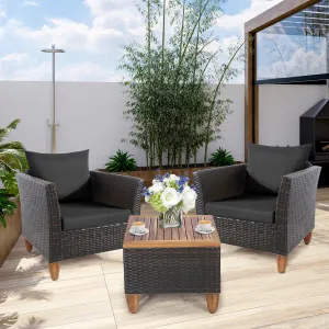 3pc Patio Rattan Furniture Set with Wooden Table Top - Black