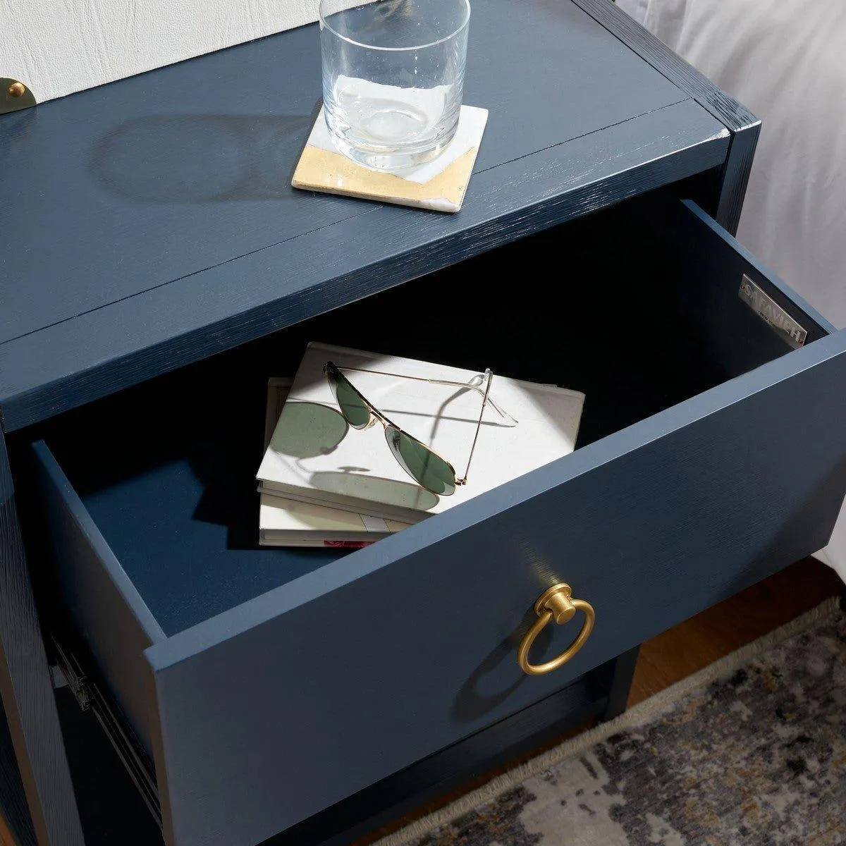 Acacia Wood One Drawer Contemporary Nightstand in Navy