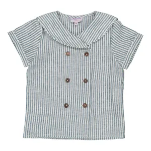 Ambroise Boy Short Sleeve Shirt with Sailor Collar and Double-Breasted Opening in Teal Stripes Linen