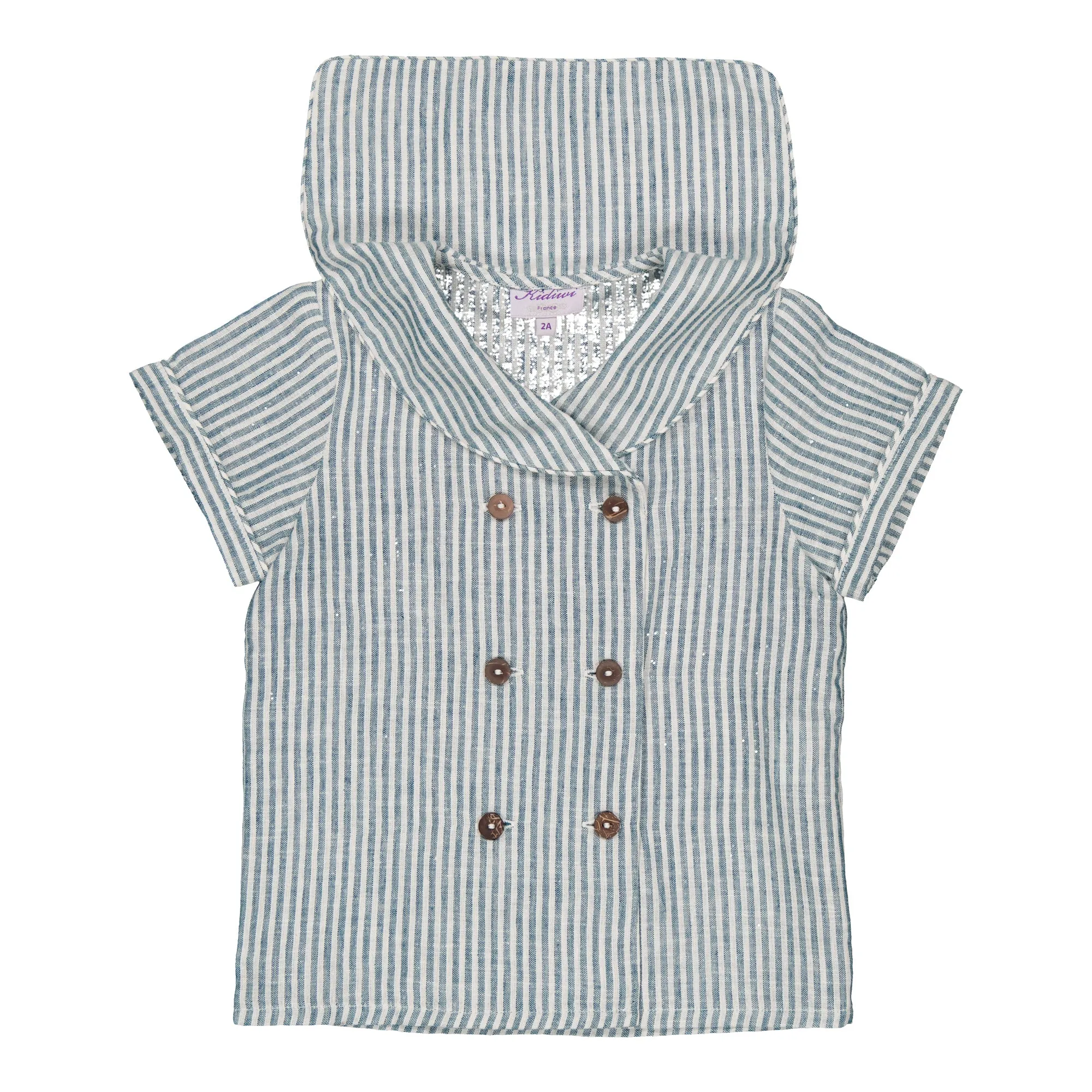 Ambroise Boy Short Sleeve Shirt with Sailor Collar and Double-Breasted Opening in Teal Stripes Linen