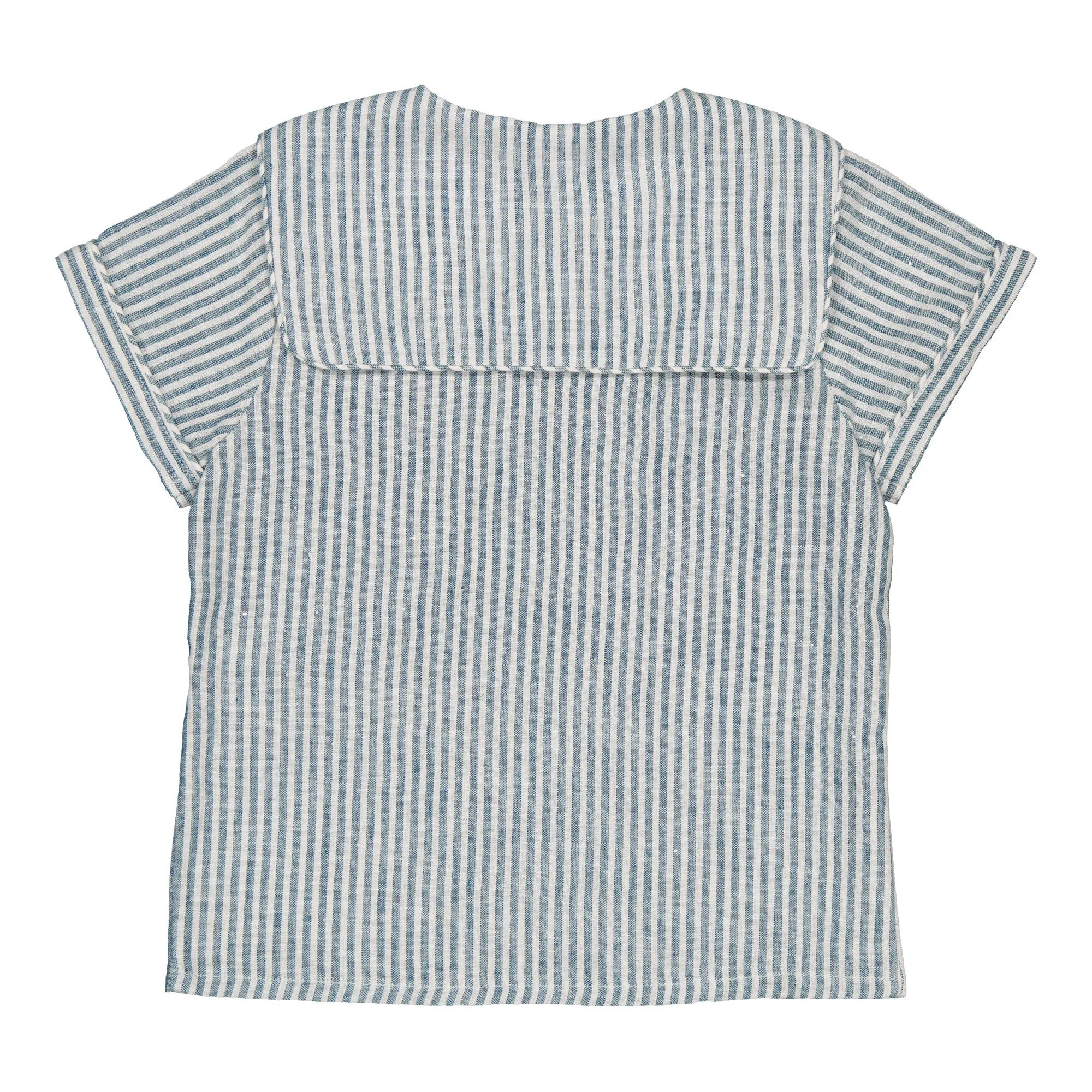 Ambroise Boy Short Sleeve Shirt with Sailor Collar and Double-Breasted Opening in Teal Stripes Linen