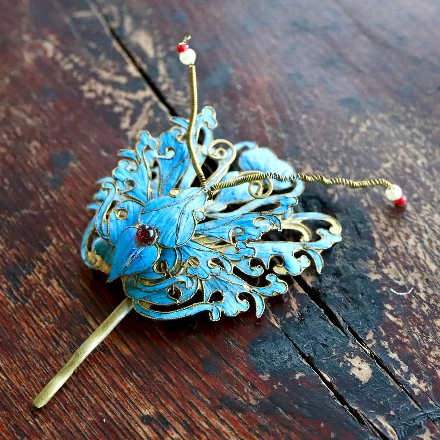 Antique Tian-Tsui (點翠) Hair Pin - Butterfly/Moth - 1015