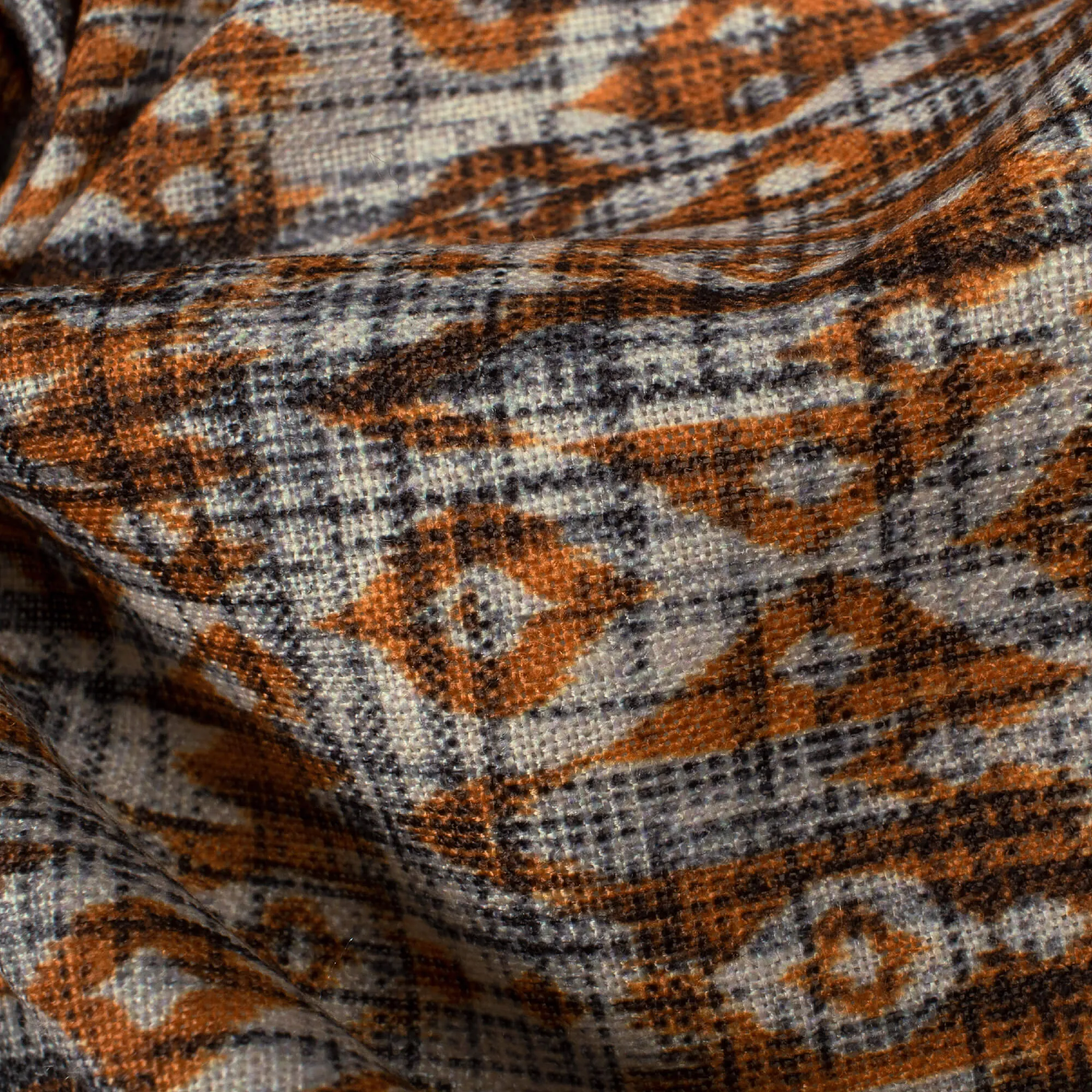 Beige And Spice Orange Ethnic Pattern Digital Print Linen Textured Fabric (Width 56 Inches)