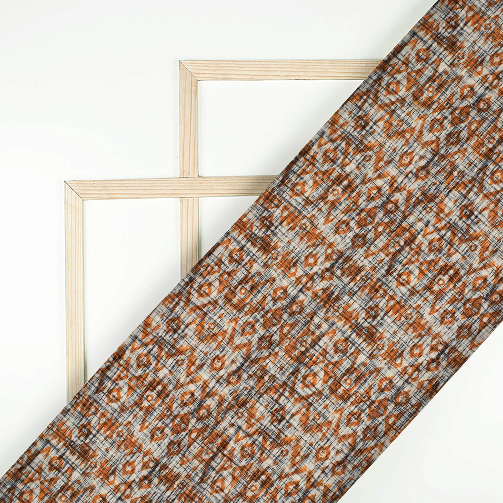 Beige And Spice Orange Ethnic Pattern Digital Print Linen Textured Fabric (Width 56 Inches)