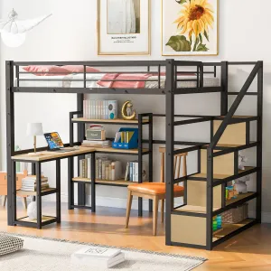 Black Full-Size Metal Loft Bed with Staircase, Built-in Desk, and Shelves