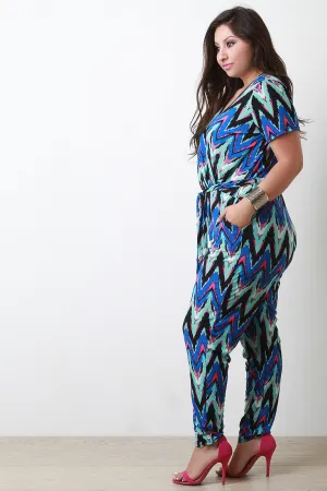 Chevron Surplice Short Sleeve Jumpsuit