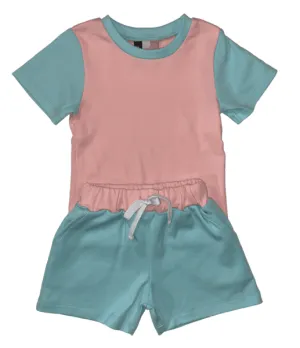 Colorblock Short Set, Pink/Turquoise