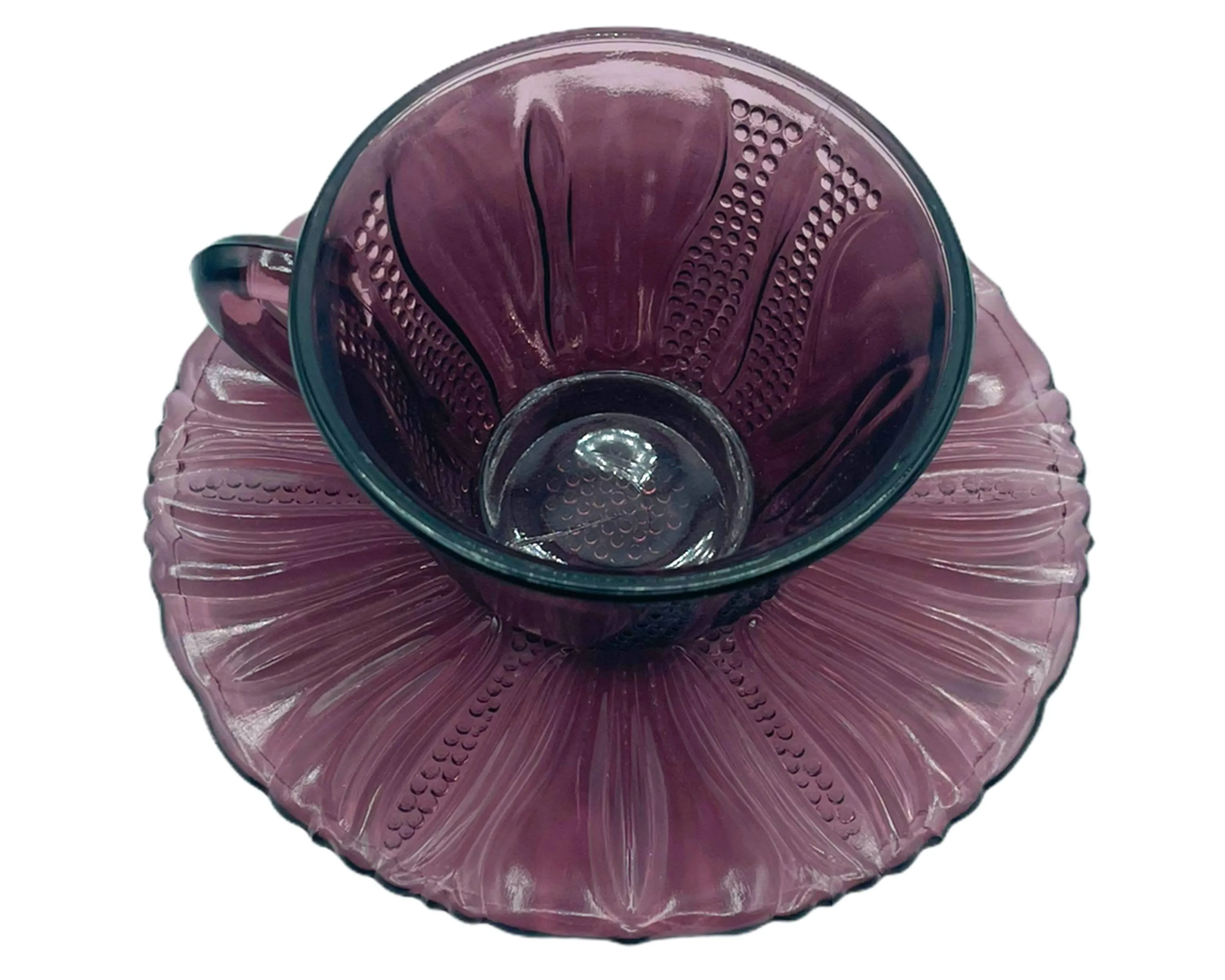 Depression Glass Cup and Saucer Dell Tulip Pattern Amethyst Colour 1930s 40s