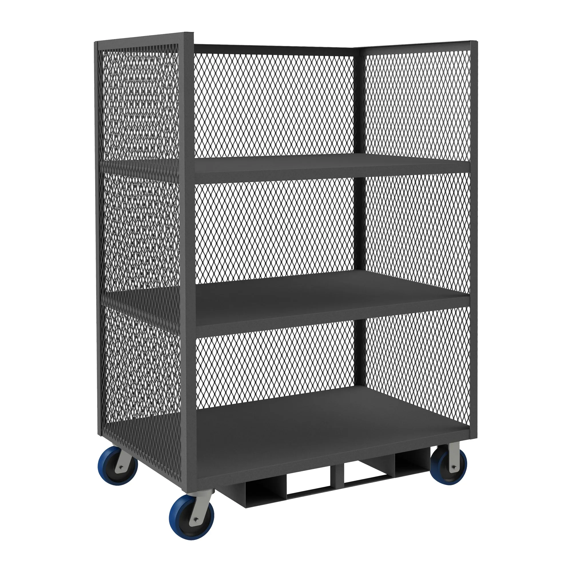 Durham 3 Sided Mesh Truck With 6" x 2" Polyurethane Casters, (2) Rigid, (2) Swivel, 3 Shelves And Forklift Pockets, Assembled, Gray