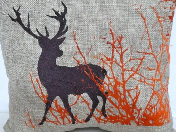 Embroidered Burlap Deer Pillow, Fall pillow, Buck pillow