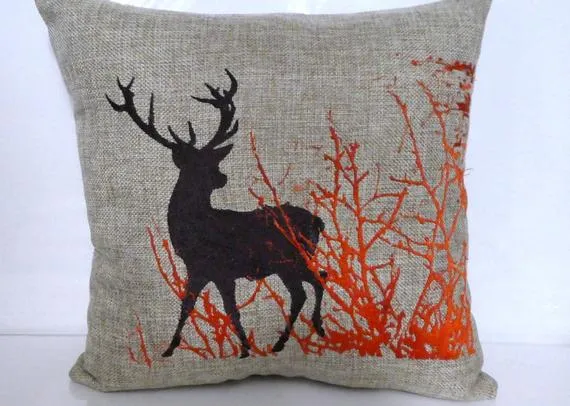 Embroidered Burlap Deer Pillow, Fall pillow, Buck pillow