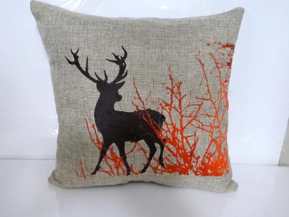 Embroidered Burlap Deer Pillow, Fall pillow, Buck pillow