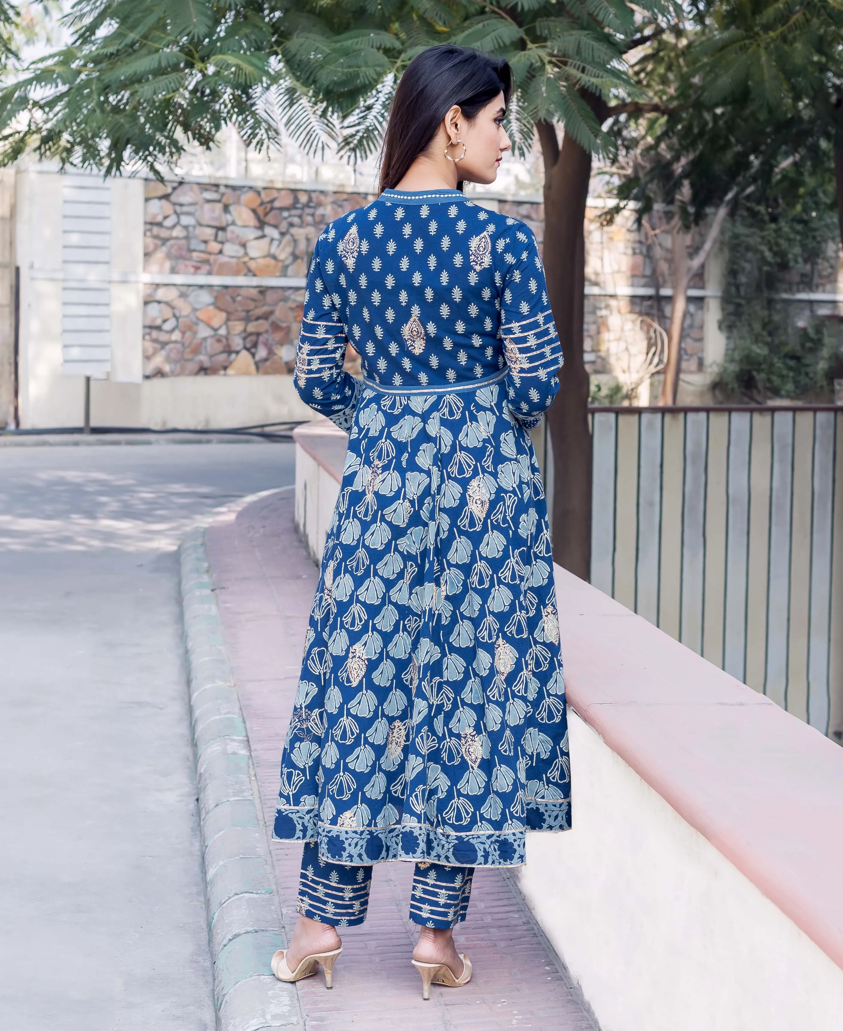 Indigo and Gold Printed Embroidered Anarkali Kurta