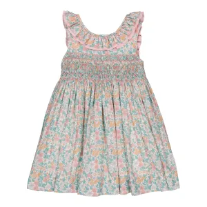 Mélina Smocked Dress with Ruffles in Coral and Mint Floral Print