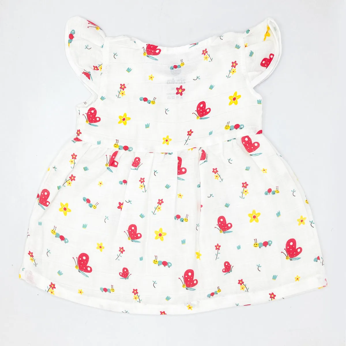 Muslin Frock for Baby Girl -Cap Sleeve 100% Cotton -Red Butterfly