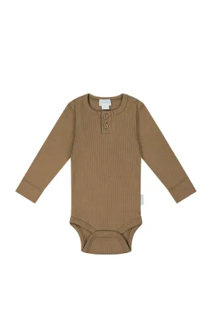 Organic Cotton Fine Rib Long Sleeve Bodysuit - Caramel