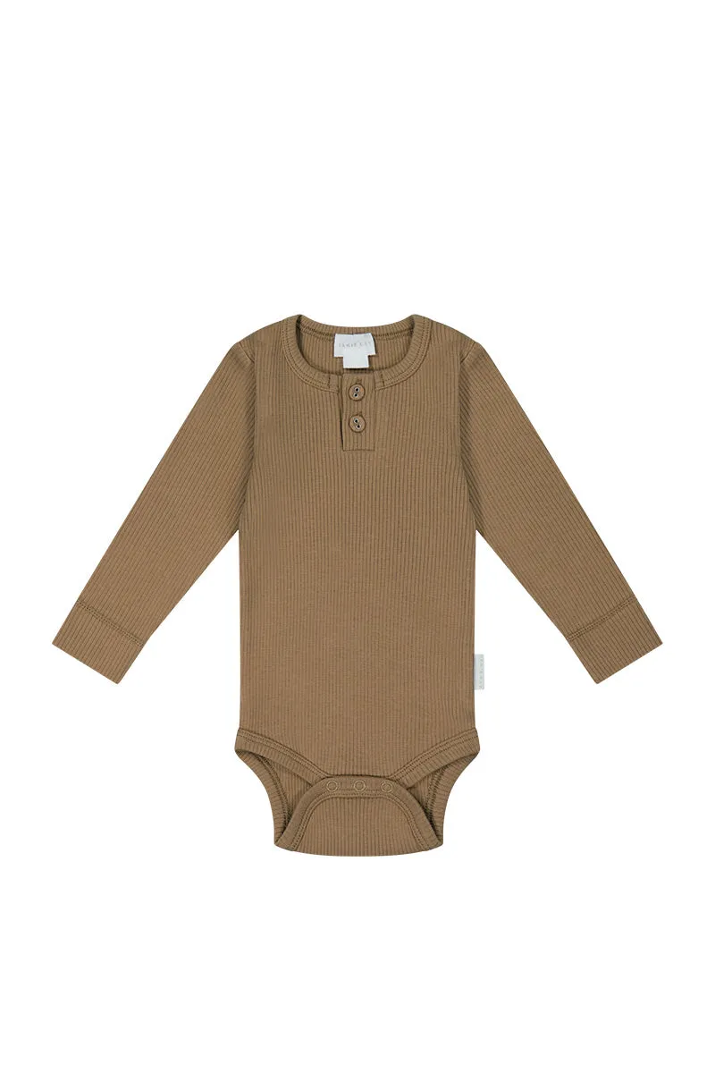 Organic Cotton Fine Rib Long Sleeve Bodysuit - Caramel