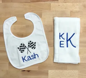 Race car Monogrammed Bib and Burp Cloth Set